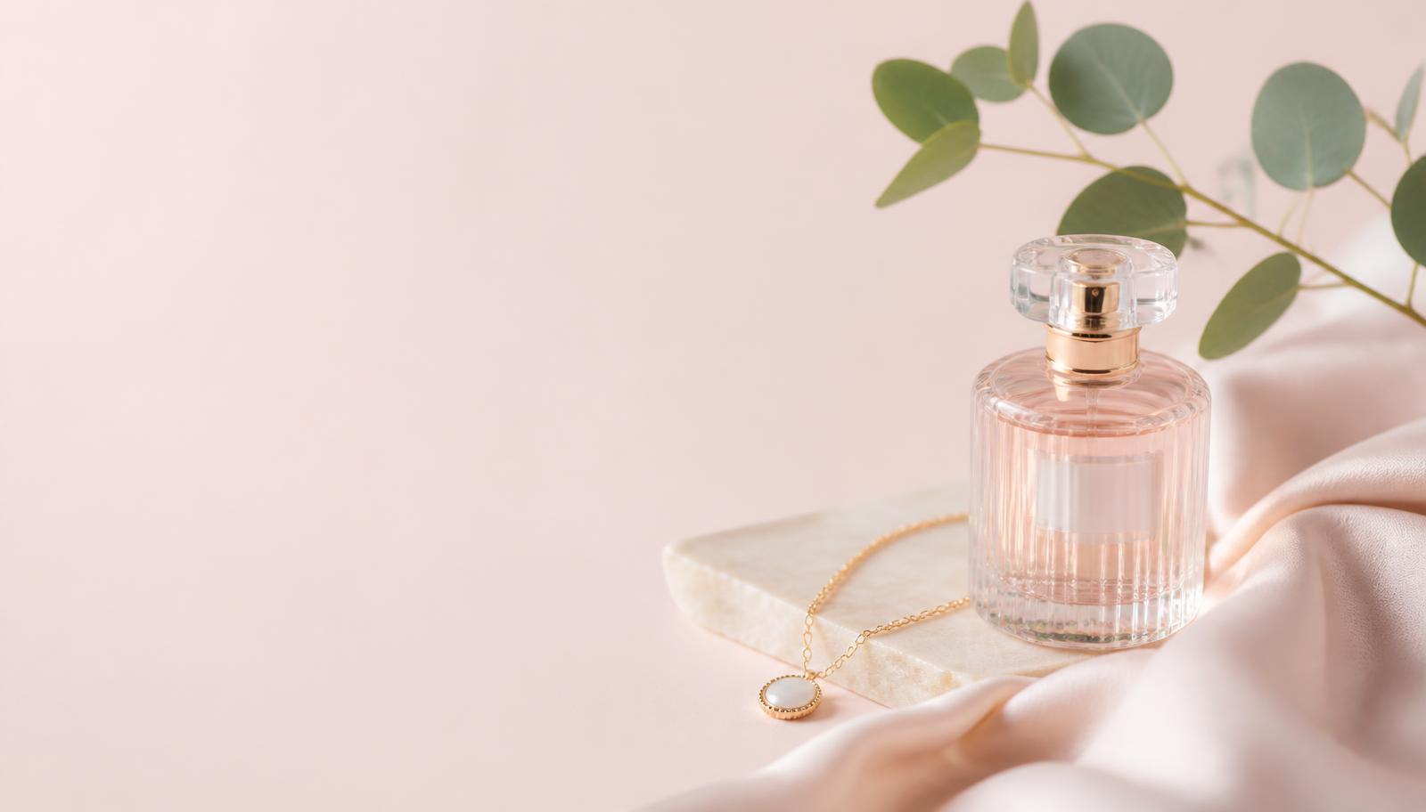 Perfume, joyería y seda en tonos rosa empolvado